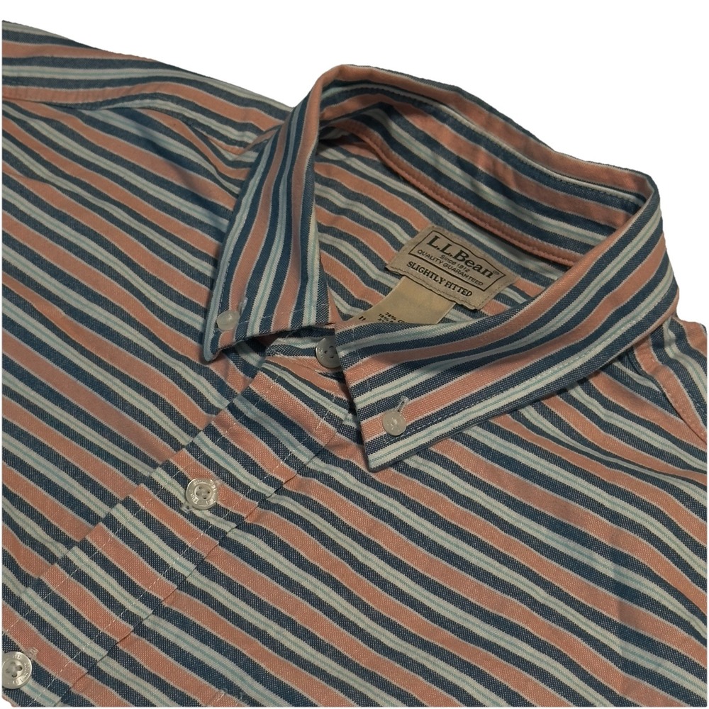 LL Bean Shirt Mens L-REG Slightly Fitted Short Sleeve Striped Blue Orange